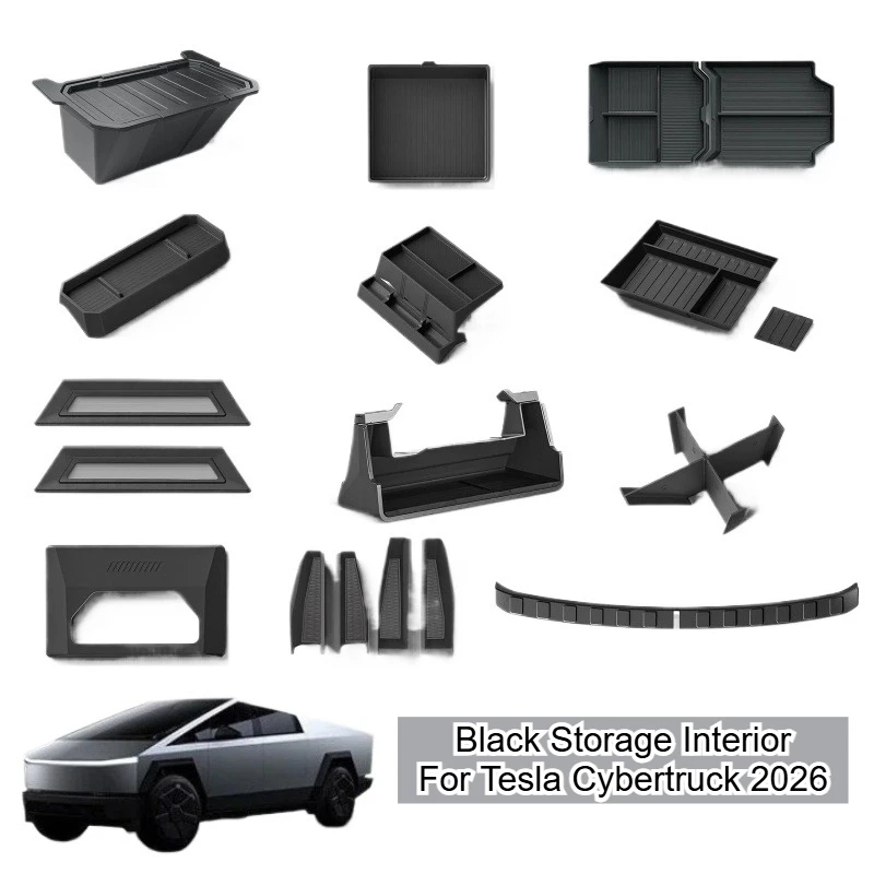وحدة التحكم المركزية حامل الكأس تخزين أسود داخلي لـ Tesla Cybertruck 2026 المقعد الأمامي صندوق تخزين سفلي غطاء مسند الذراع اللوحات الطينية