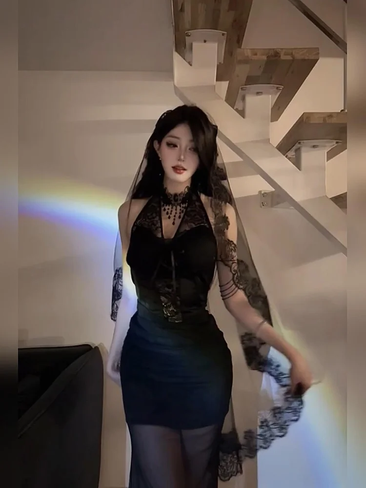 فستان أسود مثير من الدانتيل الشفاف برقبة معلقة، زي هالوين، مقاس كبير، تنورة ضيقة على شكل ذيل حورية البحر، فستان طويل بخصر مرتفع