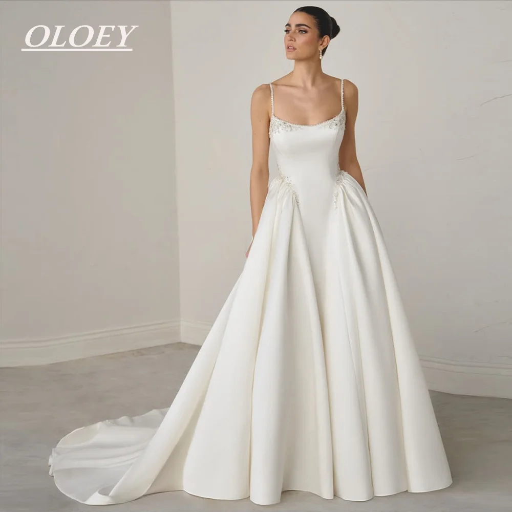 

OLOEY Exquisite Beaded A-line Wedding Dresses Spaghetti Straps Soft Satin Bridal Gown Customized Vestidos De Novia Sweep Train