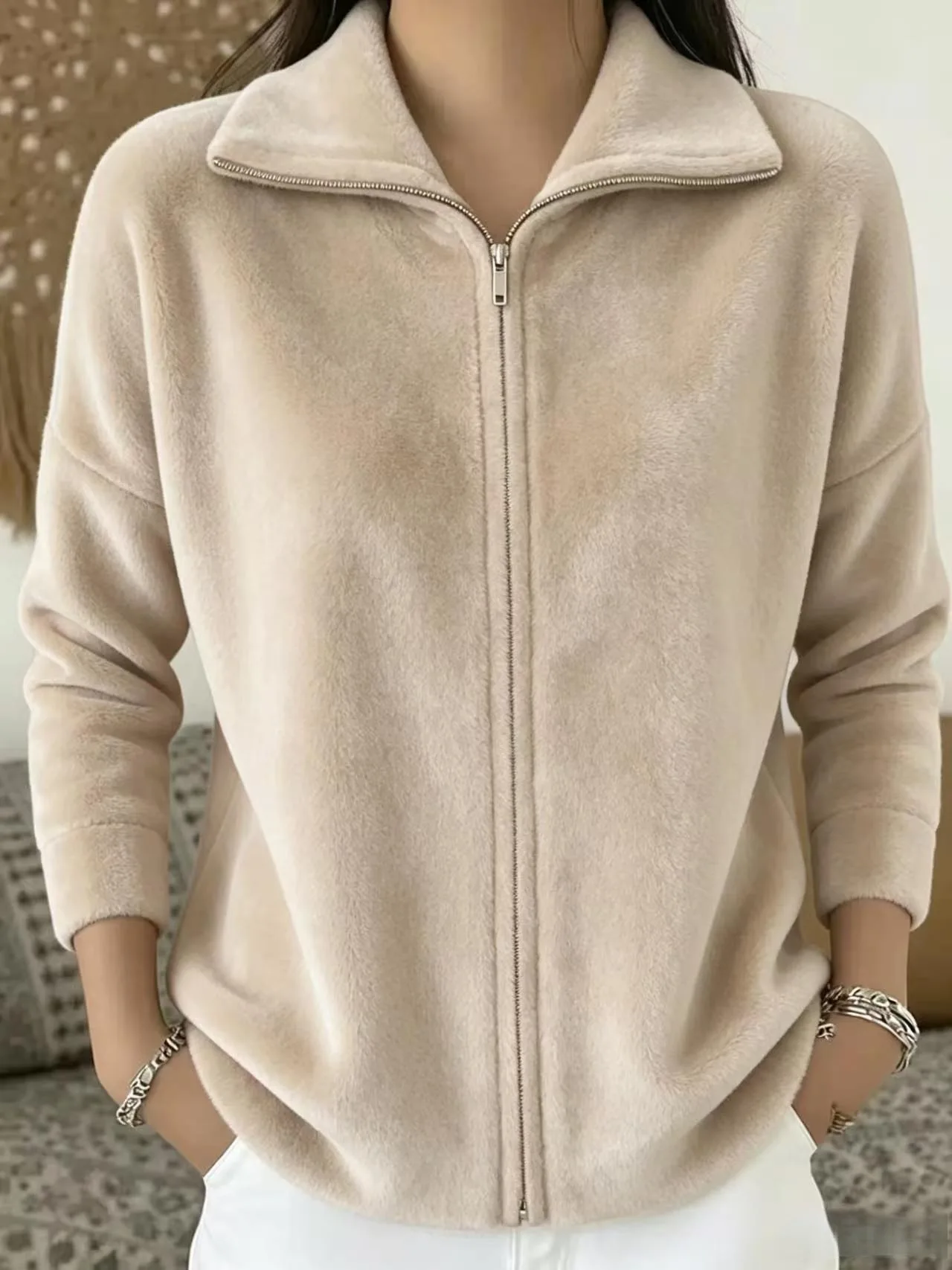 Autumn Winter Women Lapel Collar Zip Jacket Fashion Loose Long Sleeve Soft Warm Plush Coat Casual Commuter Windproof Outerwear