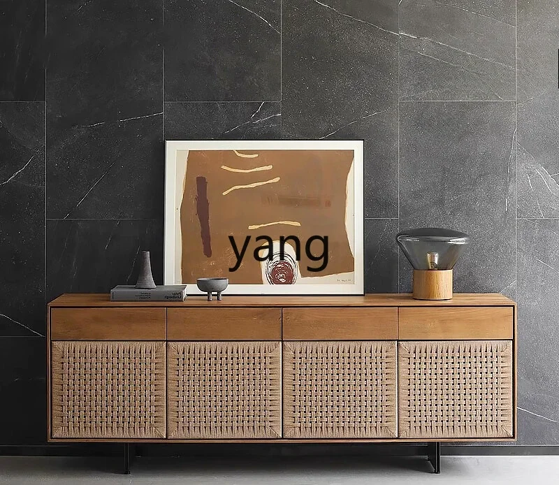 LT solid wood braided rope dining side cabinet modern simple living room teak color locker