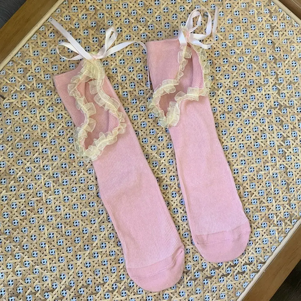 

Cotton Sweet Socks Women Hollow Out Pile Up Ballet Bowknot Socks Lace-up Patchwork Lolita Ruffle Socks Match with A Skirt