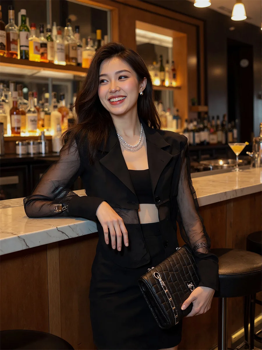 Sun-proof Cropped See-through Back-Slit Blazers Elegant Woman Clothes For Women Temperamet Slim-Fit Crew-Neck Zip Shimmer Splied
