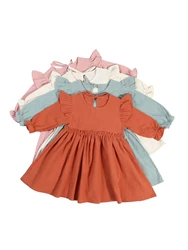 Children's Cotton Flutter Sleeve Dress Girls' One-Piece Dress Princess Dress Solid Color New Arrival INS 2022