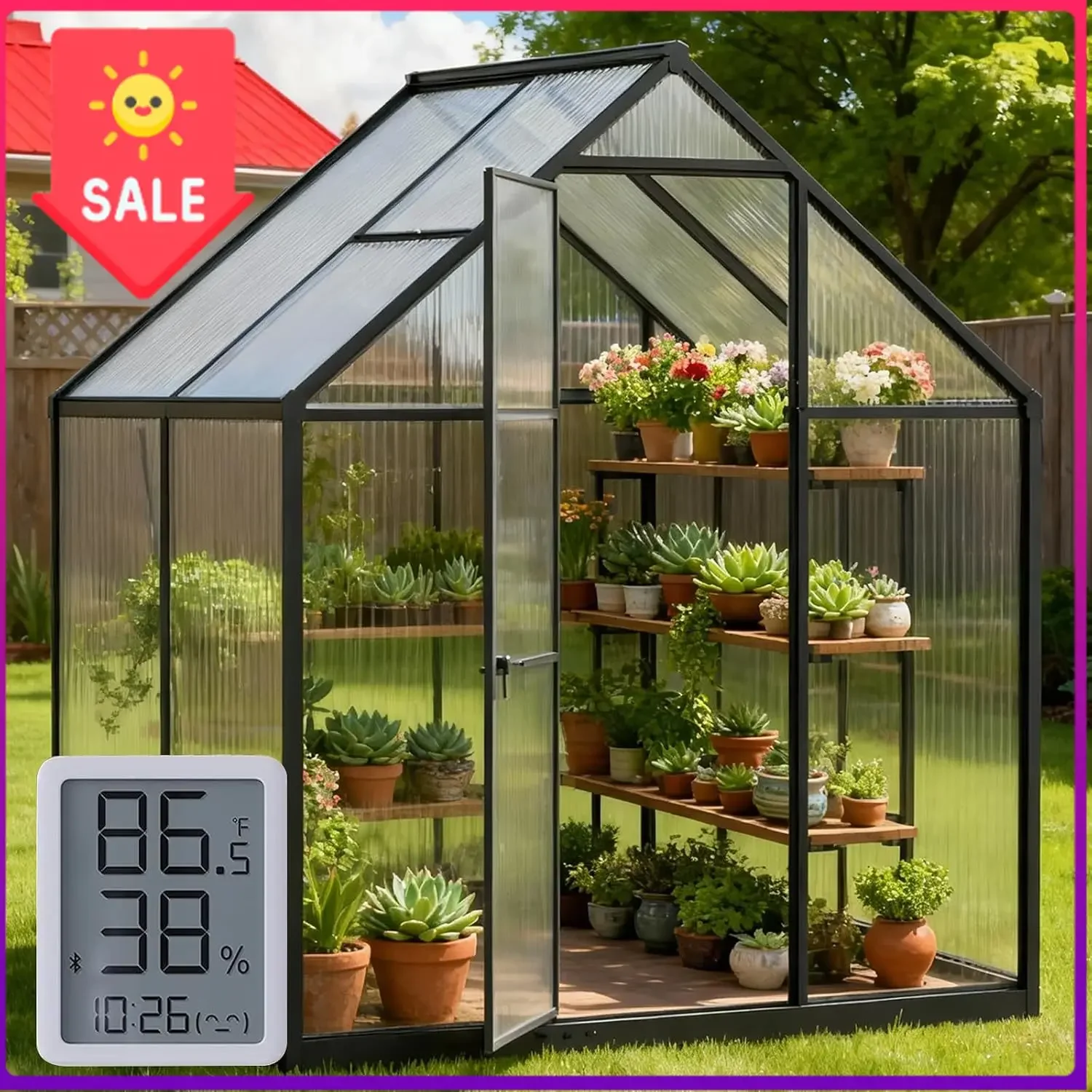 USA Stock6x4 FT Polycarbonate Greenhouse with Hygrometer, Easy Setup Small Greenhouse for Outdoors Plant Gardening, Heavy Duty G