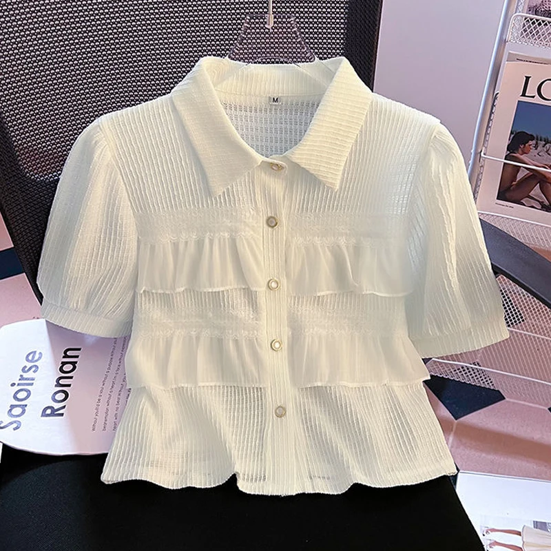 Women Trendy Ruffle Lace Patchwork Sweet Chic Button Shirts Textured Turn Down Collar Slim Blouses Solid Short Sleeve Crop Tops