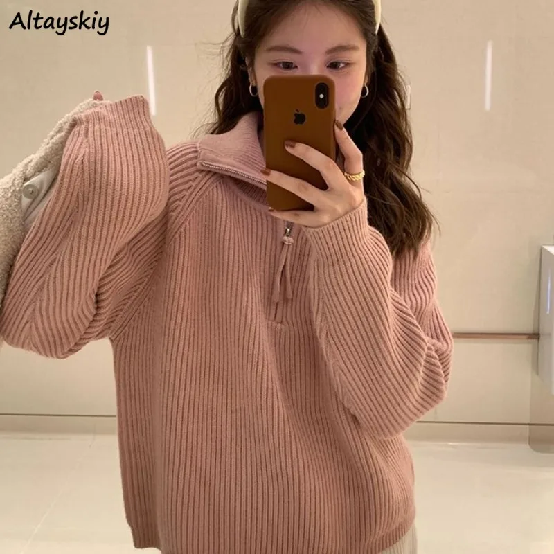 

Pullovers Women Solid Harajuku Zip-up Casual Soft Autumn Tender Korean Style Knitwear Fashion Aesthetic Cozy Mujer Loose Clothes