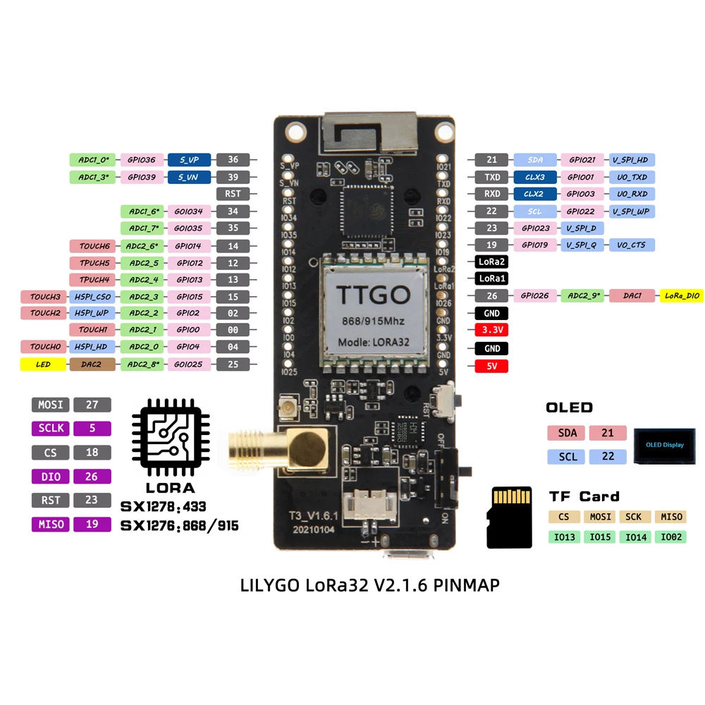 Imagem -06 - Módulo sem Fio Bluetooth Wifi Esp32 Lora Oled Cartão sd Esp-32 Sma Lora32 V2.1 Versão 1.6 096 Polegada 433 Mhz 868 Mhz 915mhz