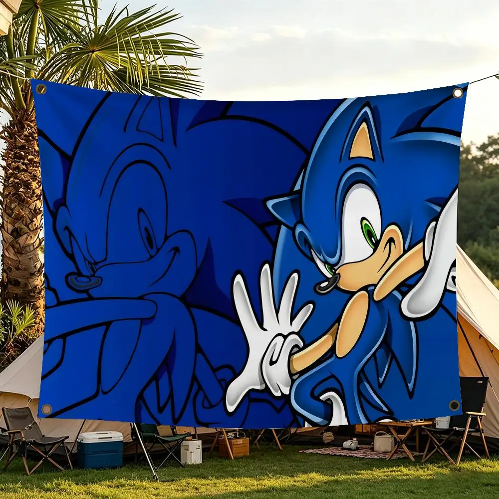 S-Sonic the H-Hedgehog Flags Matte Brushed Polyester Flag, Unhemmed Hanging Banner for Bedroom & Bar, Aesthetic Room Decor