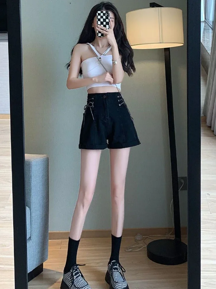 Pantalones cortos de mezclilla para mujer, moda lisa, sencilla, vendaje, ocio, cintura alta, estilo coreano, corte en A, diario, verano, diseño elegante Retro