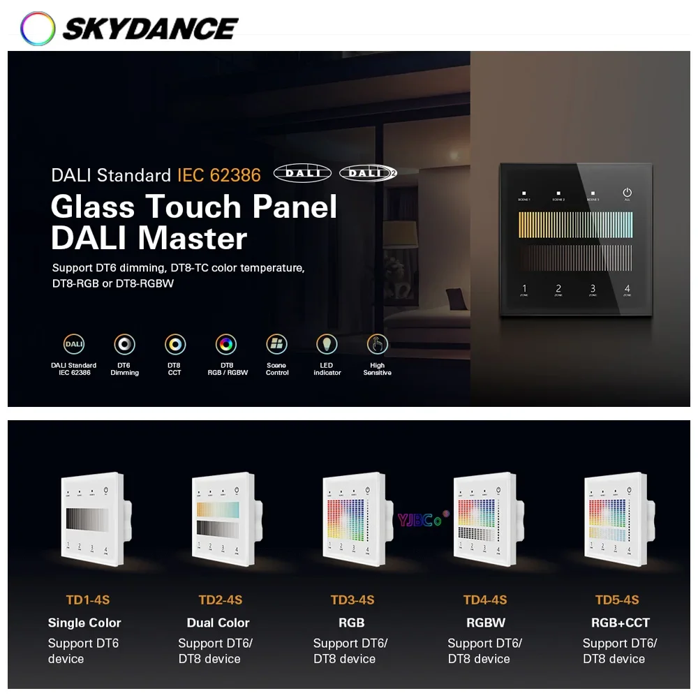 Двухцветный светодиодный диммер Skydance DT6, диммер DT8/RGB/RGBW/RGB + CCT, 4-зонный сенсорный панельный переключатель, 24 В постоянного тока, контроллер шины DALI master