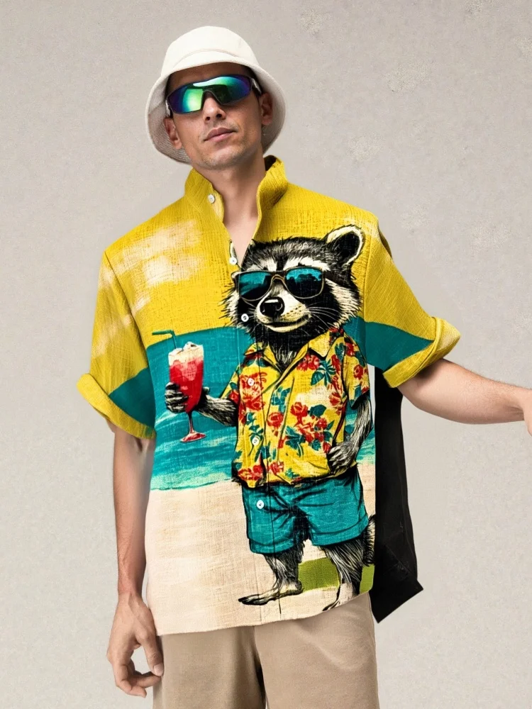 Men's Raccoon Drinking Juice At The Beach Vacation Print Casual Shirt Bohemian Beachwear Summer Single Breast Stand Collar Tunic