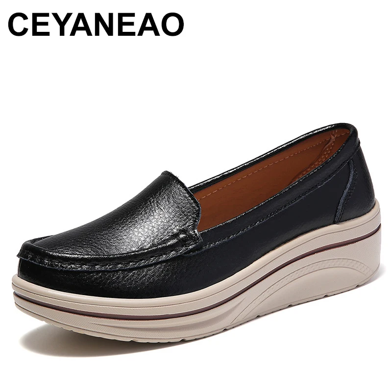 

Spring Summer Breathable Casual Loafers For Women Platform Genuine Leather Comfort Wedge Moccasins Ladies Vulcanized Sneakers 42