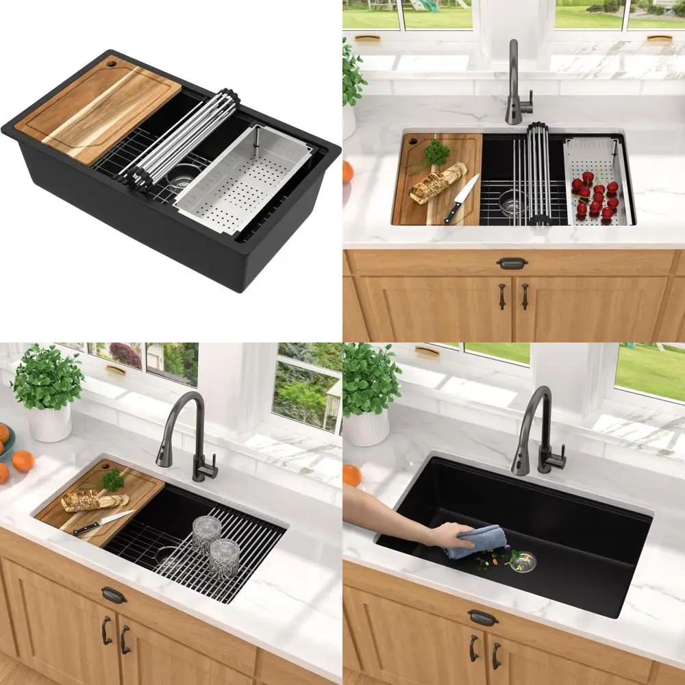 

32 Inch Black Quartz Composite Kitchen Sink - Undermount Single Bowl Workstation Sink