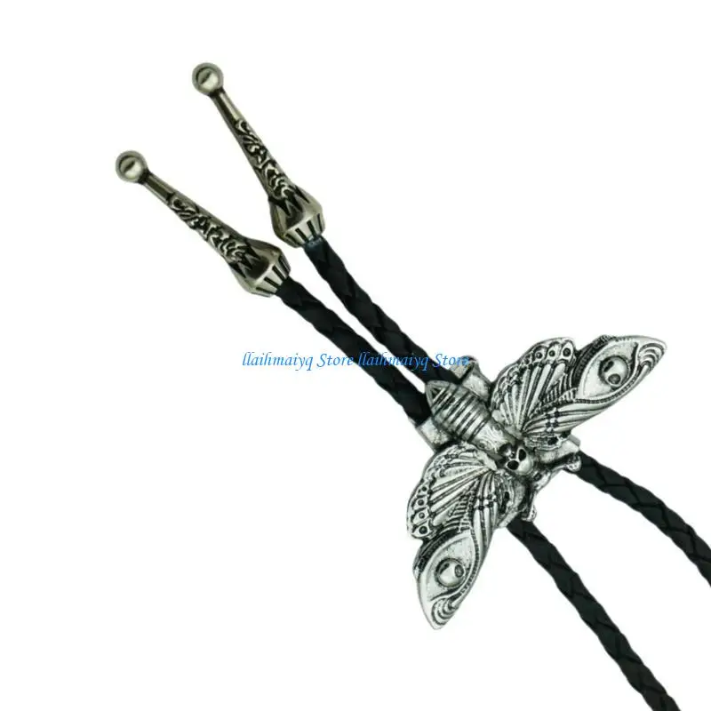 

573B Gothic Metal Skull Moths Leather Necklace Bolo Tie Western Cowboy Jewelry Necktie