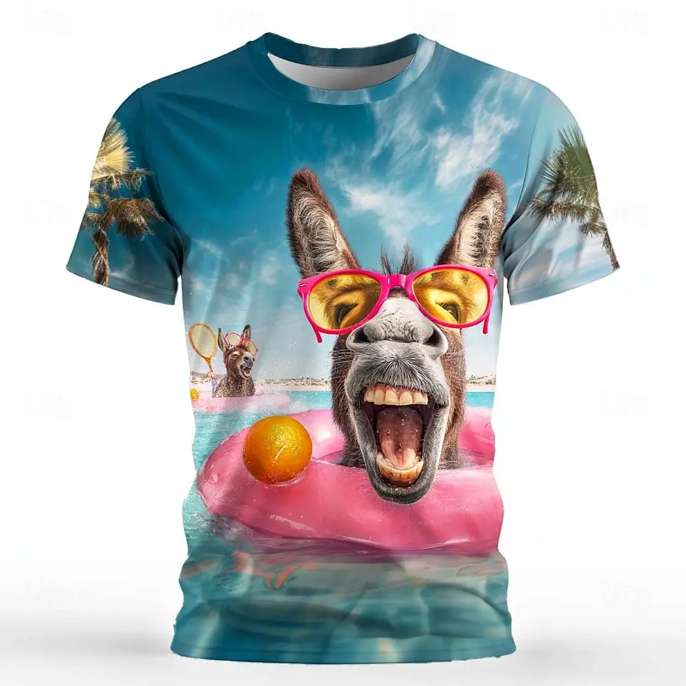 Men Funny Donkey Sunglasses Beach Swim Ring 3D Print Short Sleeve T Shirt Summer Ocean Graphic Casual Tops