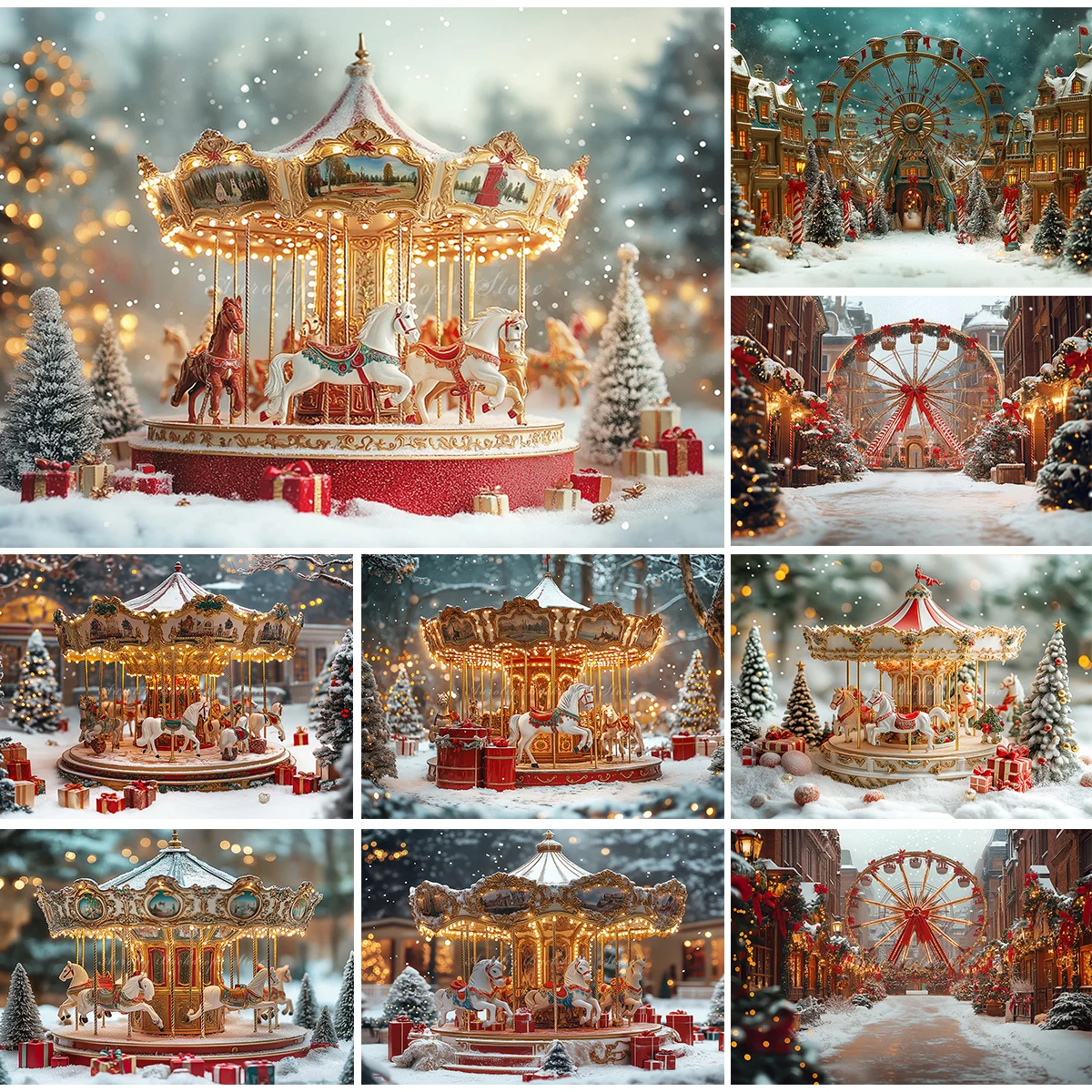 Winter Whimsical Carousel With White Horse Surround Christmas Backdrop Baby Kids Portrait Family Party Photocall Backgrounds