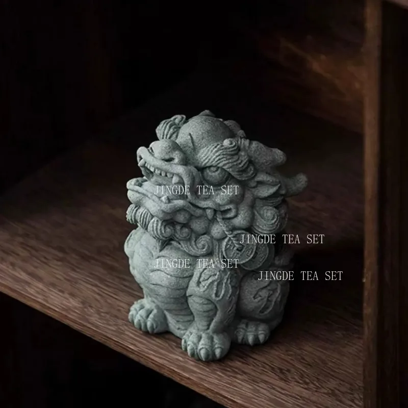 Chinese Green Sandstone Mythical Beast Tea Pet Dragon Pixiu Kirin Sculpture Mini Stone Ornament Decor Lucky Fortune Figurine