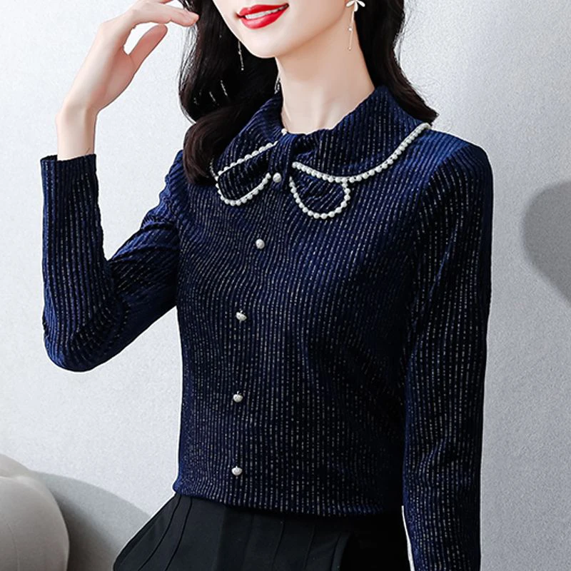 Autumn and Winter Elegant Fashion Vintage Chic Shirt Women Office Lady Minimalist Long Sleeve Stripe Button Half High Collar Top