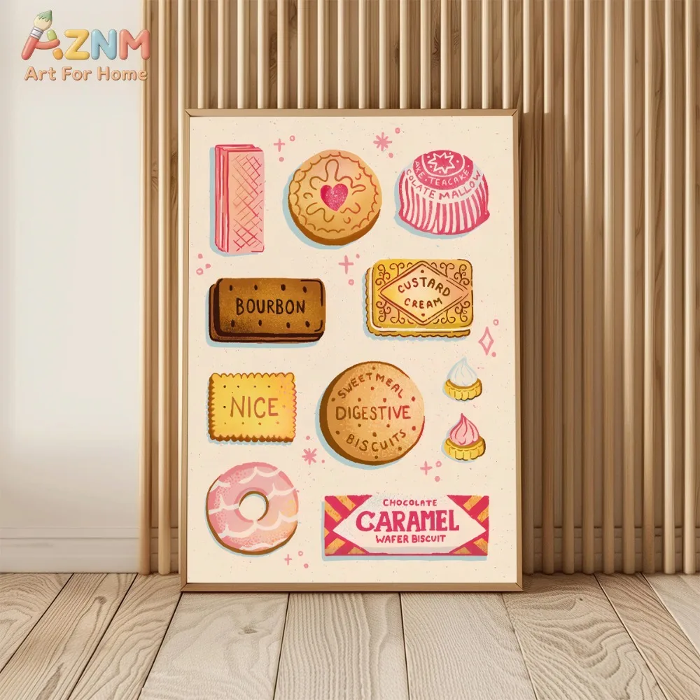 AZNM Arte de pared vintage con texto de galletas y aperitivos, impresión en lienzo sin marco, diseño retro de galleta digestiva con crema de Bourbon y nata