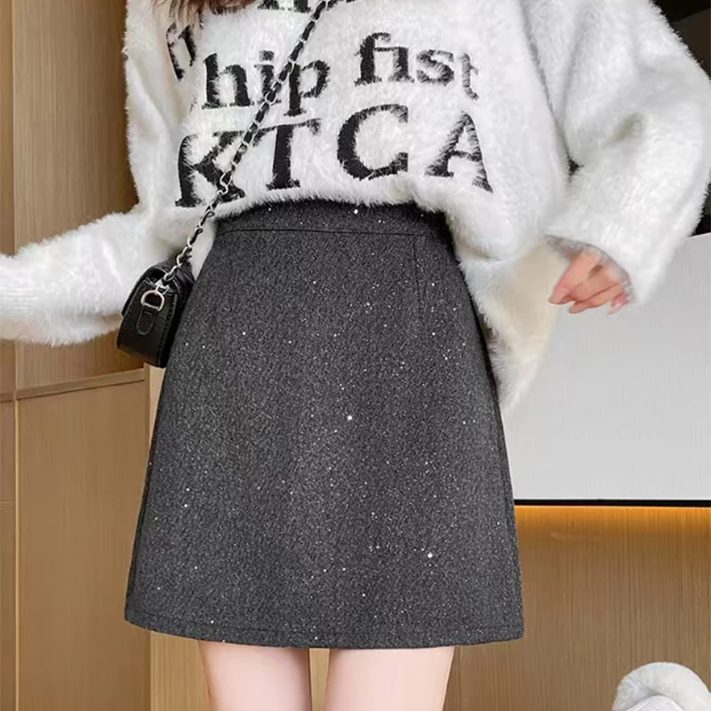 กระโปรงทรงเอไลน์ผู้หญิงแฟชั่นเกาหลี ประดับเลื่อมวิบวับ เอวสูง ทรงเข้ารูป กระโปรงสั้น ผู้หญิง ฤดูใบไม้ร่วง ฤดูหนาว ซิป สีเทา