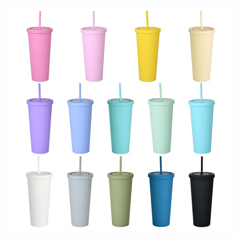 reusable double wall 700ml 710ml 24oz pastel color plastic cup cold cup plastic tumbler with straw and lid