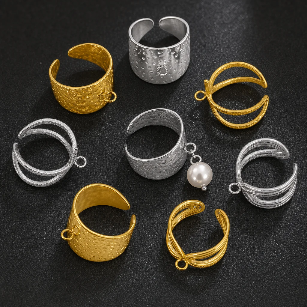 5 Stück Edelstahl Gehämmerte Breite Ringe, Verstellbare Offene Ringrohlinge mit Ösen für DIY Schmuckherstellung Zubehör – Detail 1