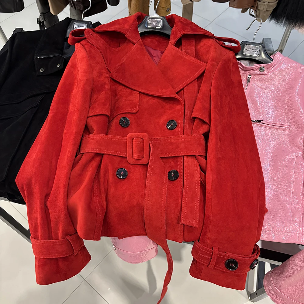 YOLOAgain Double Breasted Croc Pattern Leather Jacket Women 2026 Autumn New Genuine Leather Jacket Ladies