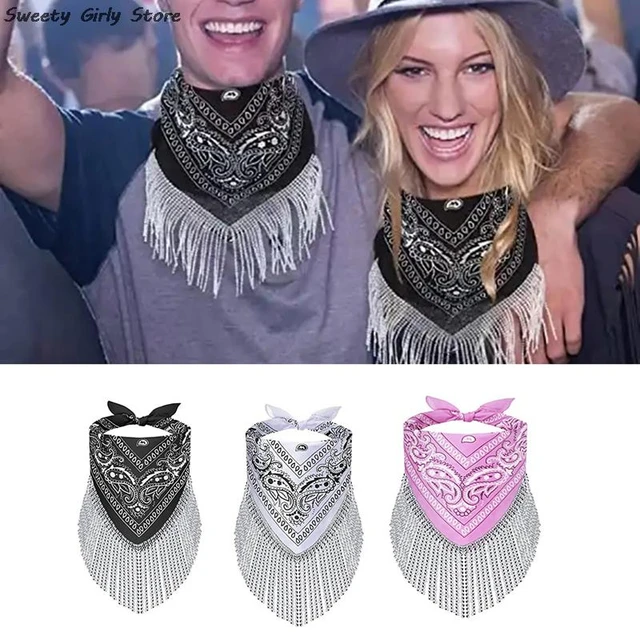 Disco Tassel Scarf Western Cowboy Bandana With Silver Fringe Headscarf Head Neck Scarves Party Club Foulard Fashion Dance Hijabs Neckerchief AliExpress
