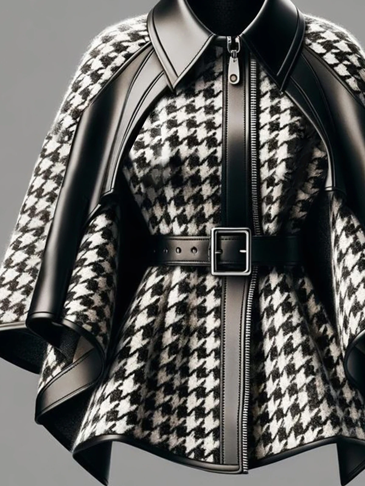 Chaqueta de mujer con patrón de pata de gallo, mangas de capa asimétricas, chaqueta holgada con cremallera estilo callejero Harajuku a la moda