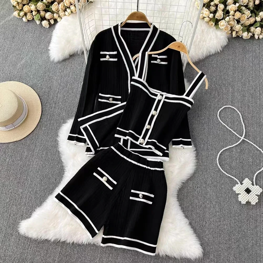 

Women Sweater Pant Set 3 Pieces Casual Tank Cardigans Suits Autumn Winter Knitted Shorts OL Elegance Tops Elastic Sweaterpants