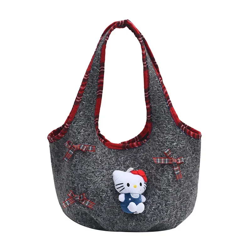 Bolsa balde portátil de desenho animado da hello kitty para meninas, moda retrô, lã de cordeiro, ombro único, inverno 2024, novo estilo premium