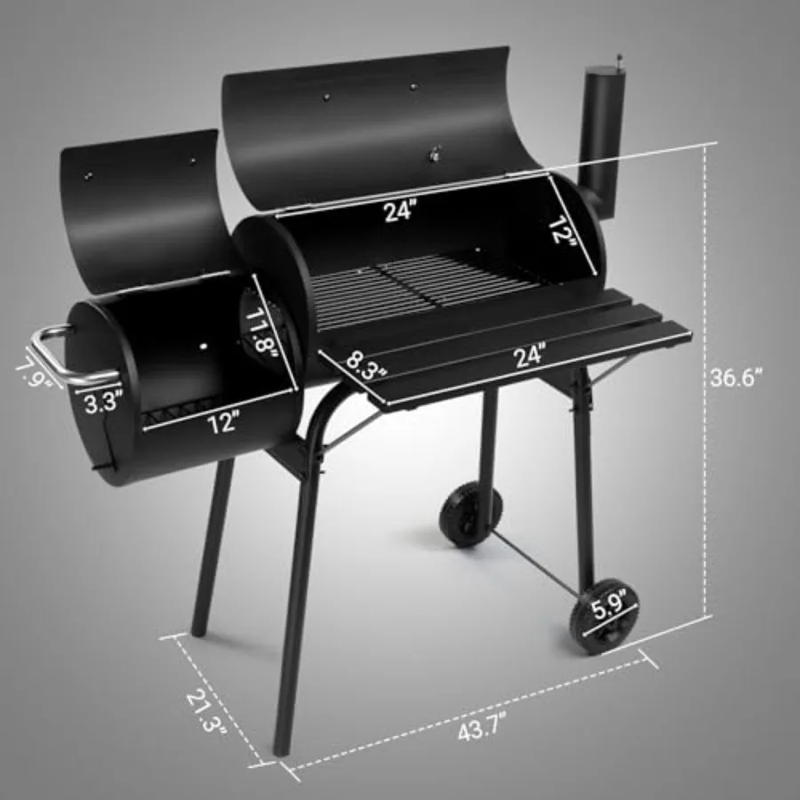 Outdoor BBQ patio backyard charcoal grill, heavy-duty black charcoal grill with oil drum style design, 44-inch smoker combo for