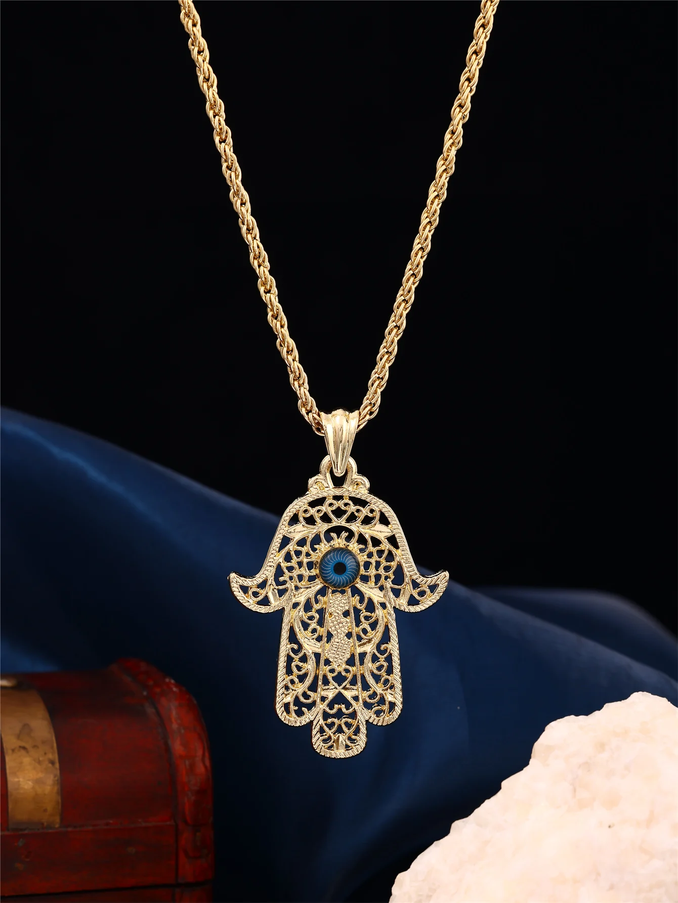 1 Vintage Women's Necklace, Hand of Fatima, with a Classic Blue Evil Eye in the Center of the Palm, Fully Adorned with Arabic Filigree Craftsmanship, Moroccan/Turkish Hamsa Hand Blessing Necklace