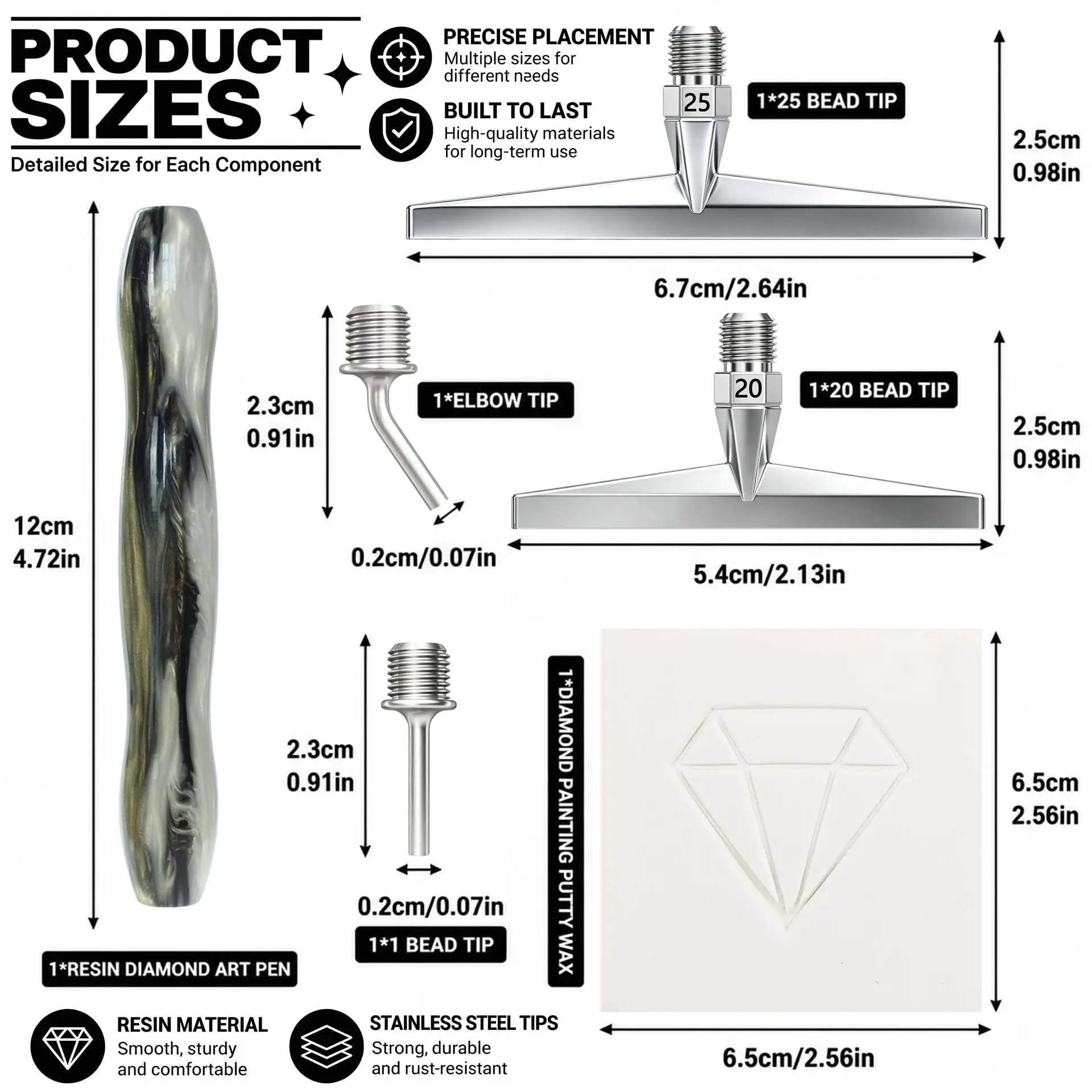 Resin diamond painting pen, diamond painting tool, with threaded stainless steel 1/3/6/9 tips, roller, and comes with multifunctional dotting tool accessories