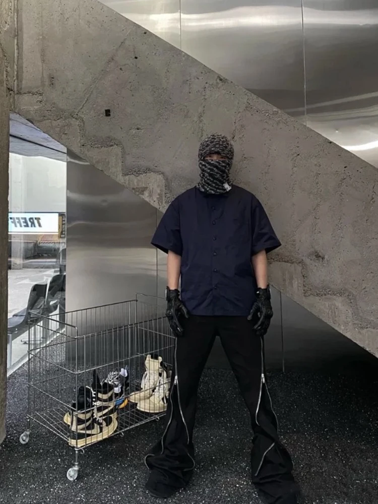 Dark Multi-Zipper Bull King Loose Casual Straight-Leg Horn Accumulation Denim Trousers Trendy Men and Women