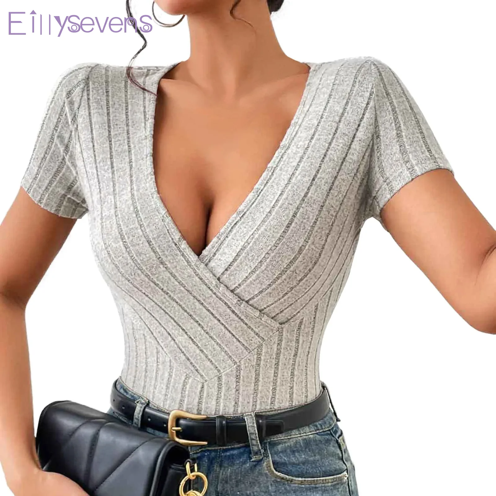 Womens Short Sleeve Textured Tops deep V-neck Knitted Solid Loose Casual Basic tShirts Tee Blouses Sexy Slim Fit T-shirt