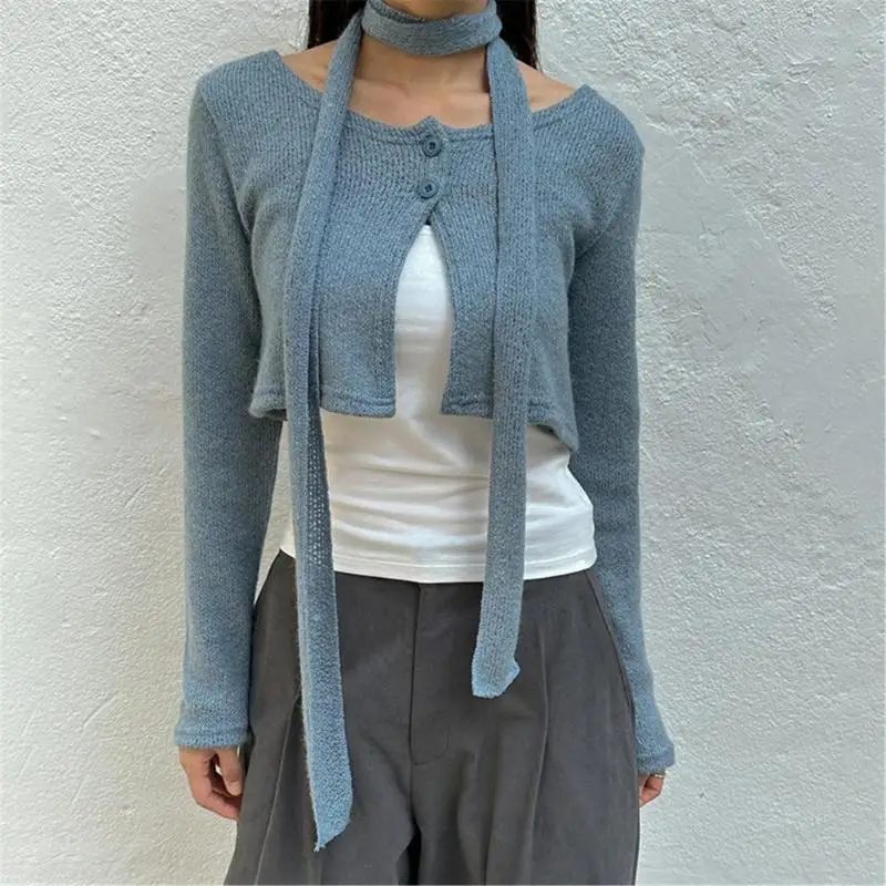 2025 New Women Fall 3 Pieces Sweater Long Sleeve Cropped Cardigan with Cami Top and Scarf