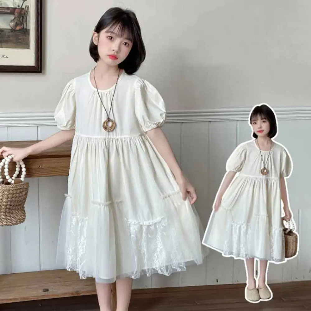 

Милое свободное платье с пышными рукавами для девочек, кружевное летнее детское платье для подростков, пляжное праздничное платье для отдыха, детское платье принцессы для вечеринки