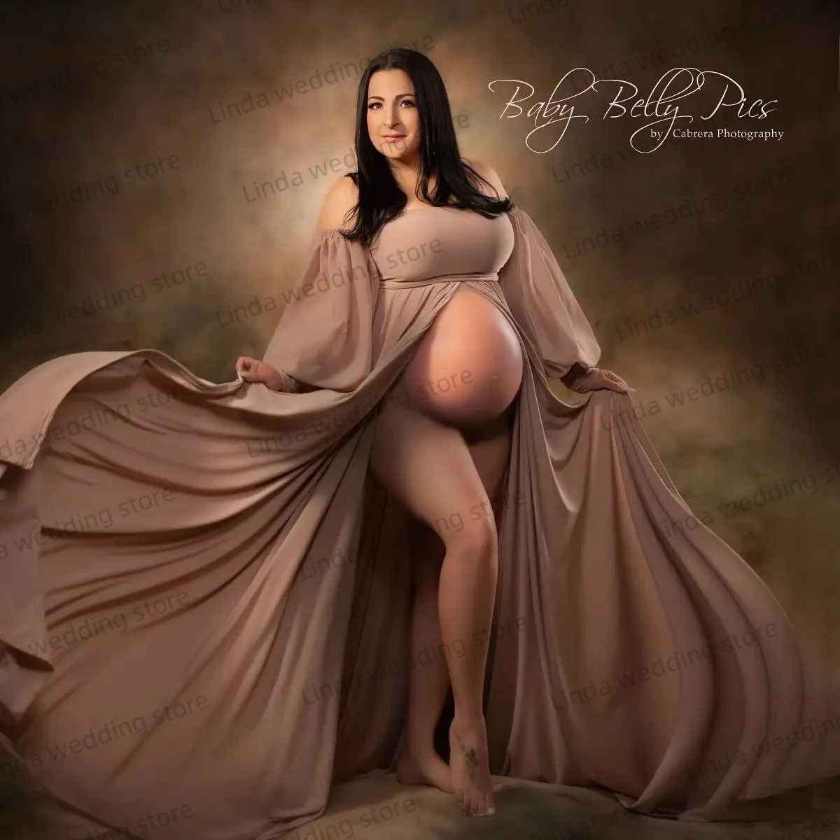 Modest Plus Size Pregnant Split Maternity Dress for Photography Long Sleeve Photoshoot Robe Photoshoot Dresses Women Baby Shower