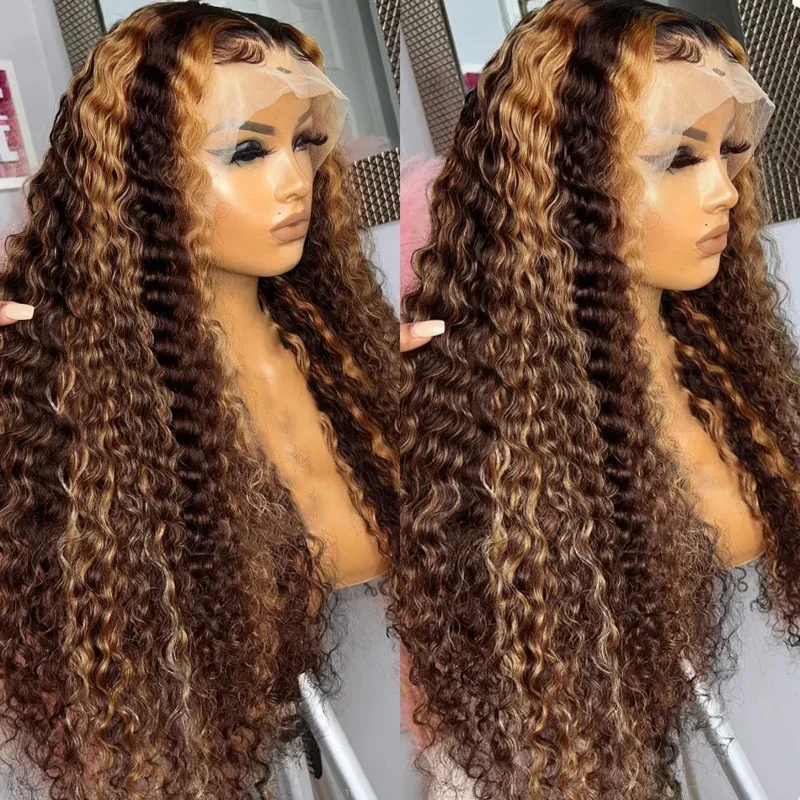 30 Inch 4/27 Colored 13X4 Deep Wave Human Hair Curly 13X6 Front Wig Brazilian Remy Highlight Ombre Lace Wigs Fro W MN8