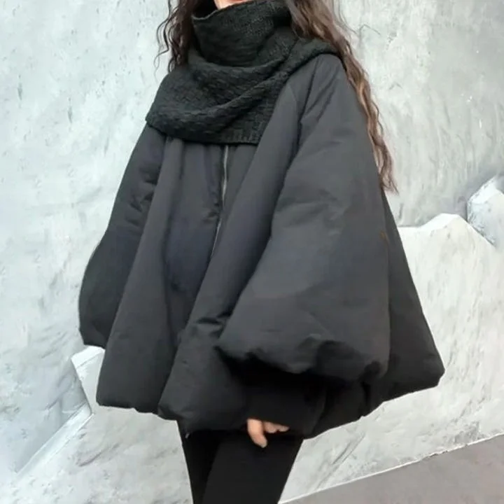 Women's Cotton Jacket Bubble Sleeve Loose Fit Stand Collar Winter Coat Clean Fit Style Long Sleeve Zipper Closure  Color
