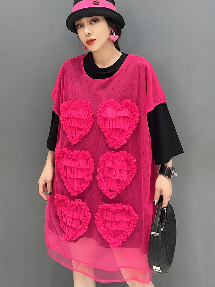 SHENGPALAE 2024 Summer New Mesh Short Sleeved T-shirt For Women Heart Shaped Loose Fashion Long Top Female Y2K Clothes 5R9780