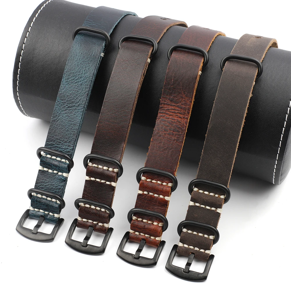 Retro Genuine Pull-up Leather Watchband 20mm 22mm 24mm Vintage Strap Crazy Horse Business Ring Buckle Wristbands Replacement