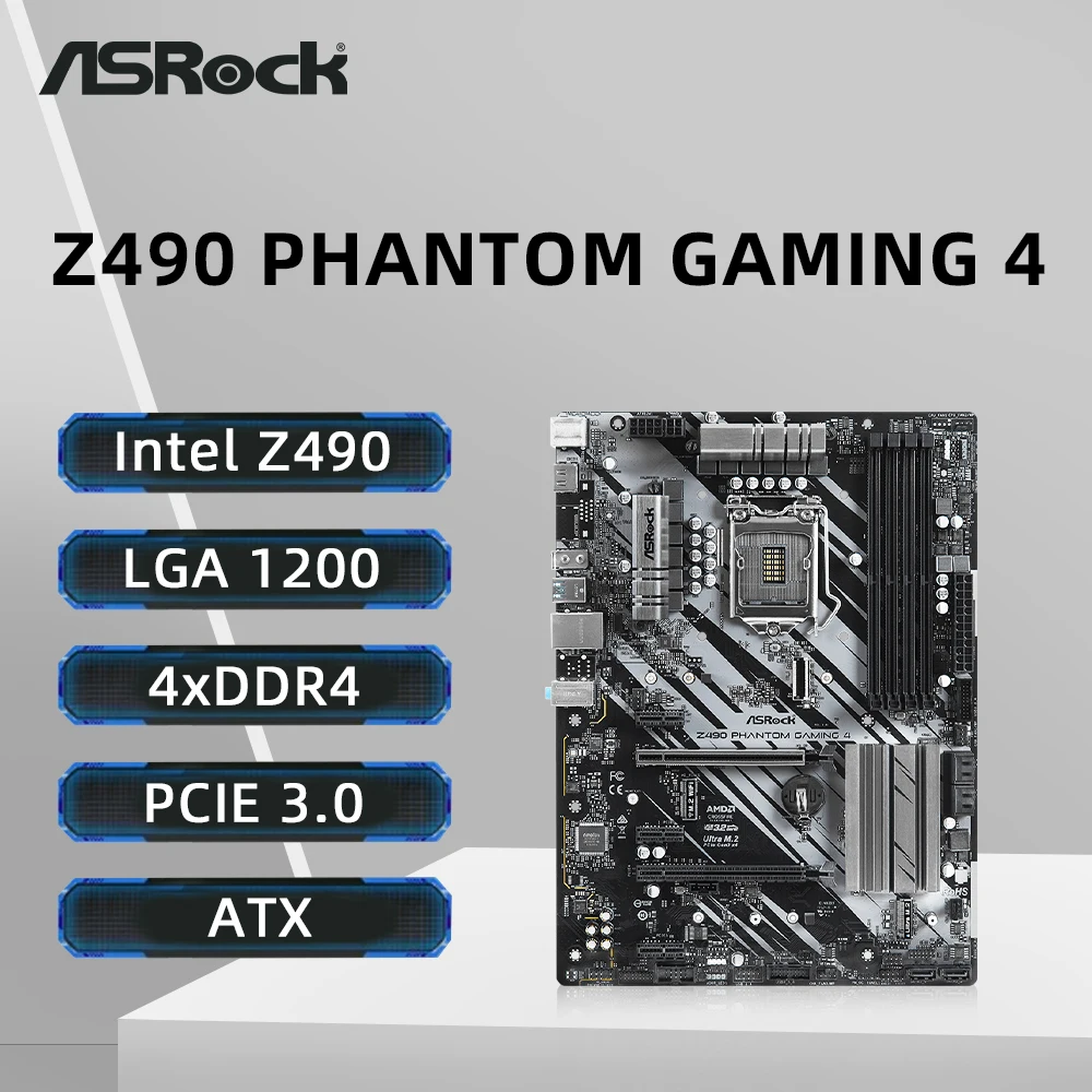 ASRock Z490 팬텀 게이밍 4 마더보드 지지대 i9-10900K i7-10700 i5 10400 i3-10300 CPU, LGA1200 DDR4 4400MHz M.2 NVME PCIe 3.0 