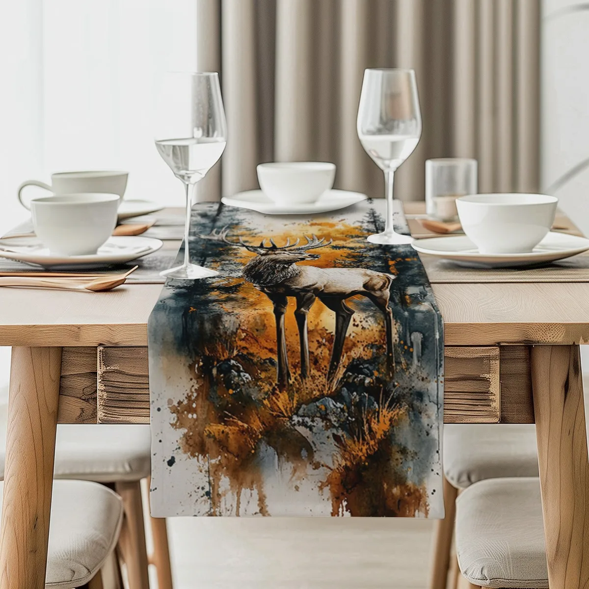 

print table runner Elk Antler Autumn Forest Watercolor Style Long cloth Party Decor,Tabletop Protection,Dresser Scarf,Decorative
