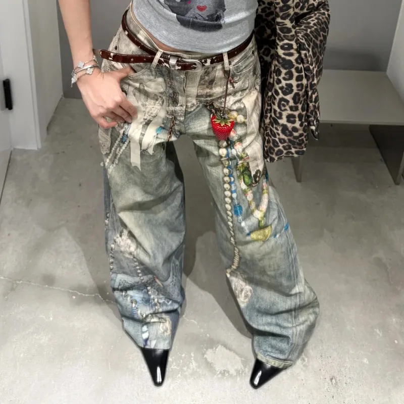 MWJLPWQ الدانتيل اللؤلؤ سلسلة ثلاثية الأبعاد مطبوعة الذكور تصميم الجينز شارع العليا مستقيم بنطال ذو قصة أرجل واسعة للجنسين 2025 الخريف موضة جديدة 21054