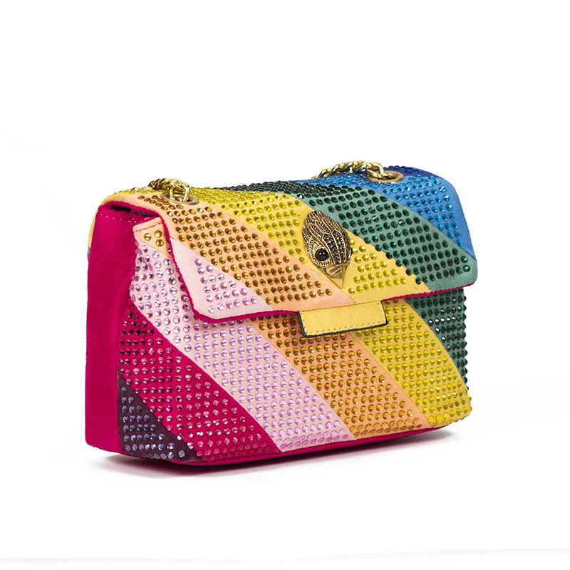Luxury Design Fabic Women Bag Crystal Embellishment Quilting Pattern Rainbow Patchwork Icon Metal Logo Jointing Purse