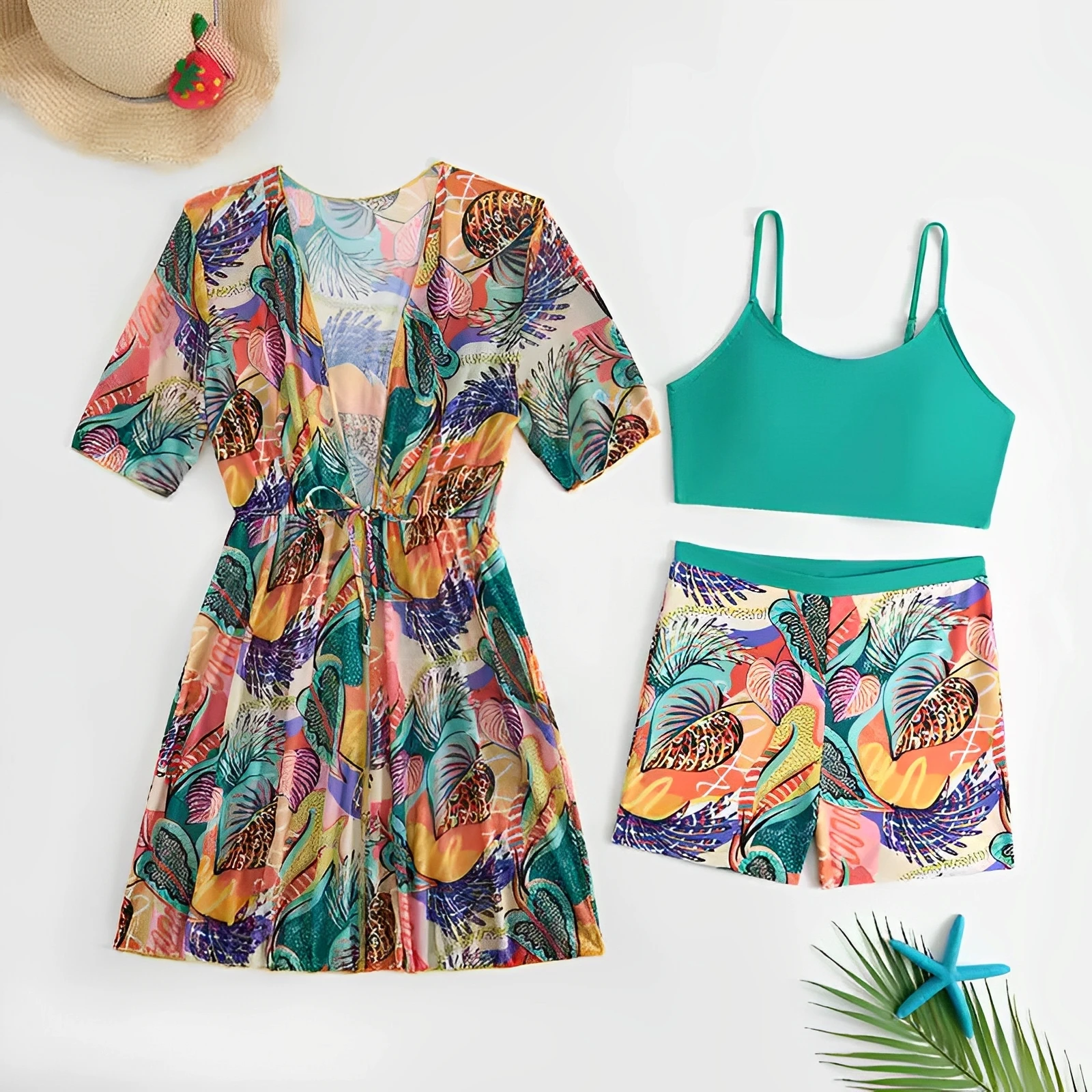 

3 Pieces Printed Bikini 2025 Girls Swimsuit High Waist Kids Swimwear & Kimono Children Swimming Bathing Swim Suit Beachwear