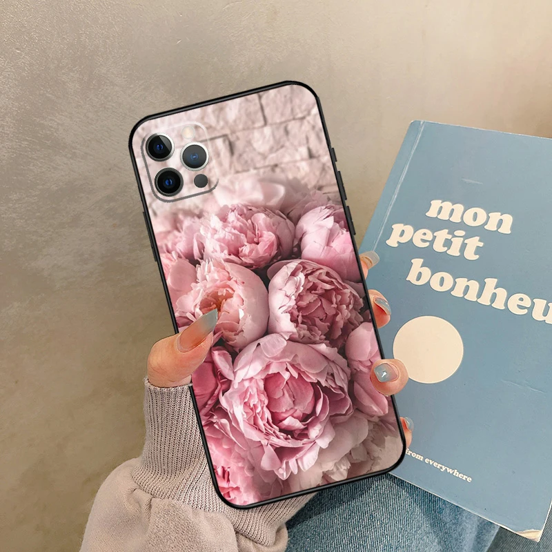 حافظة أنيقة على شكل زهرة الفاوانيا الوردية والأرجوانية لهاتف 17 Air iPhone 16 15 14 13 12 11 Pro Max 12 mini XR 15 16 Plus 16e غطاء خلفي شل